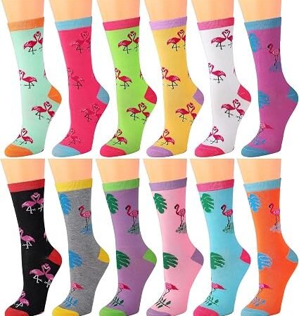 Women's Flamingo Crew Socks 12 Pairs Colorful Novelty Cotton Blend Casual Socks